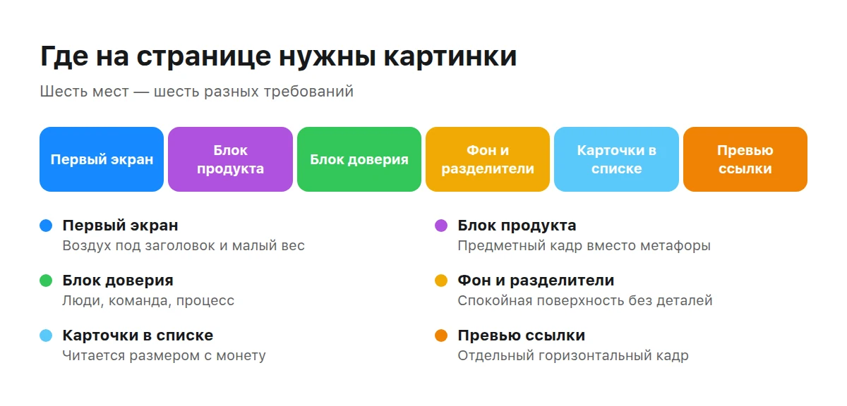 Схема страницы с шестью местами под изображения и подписями к каждому