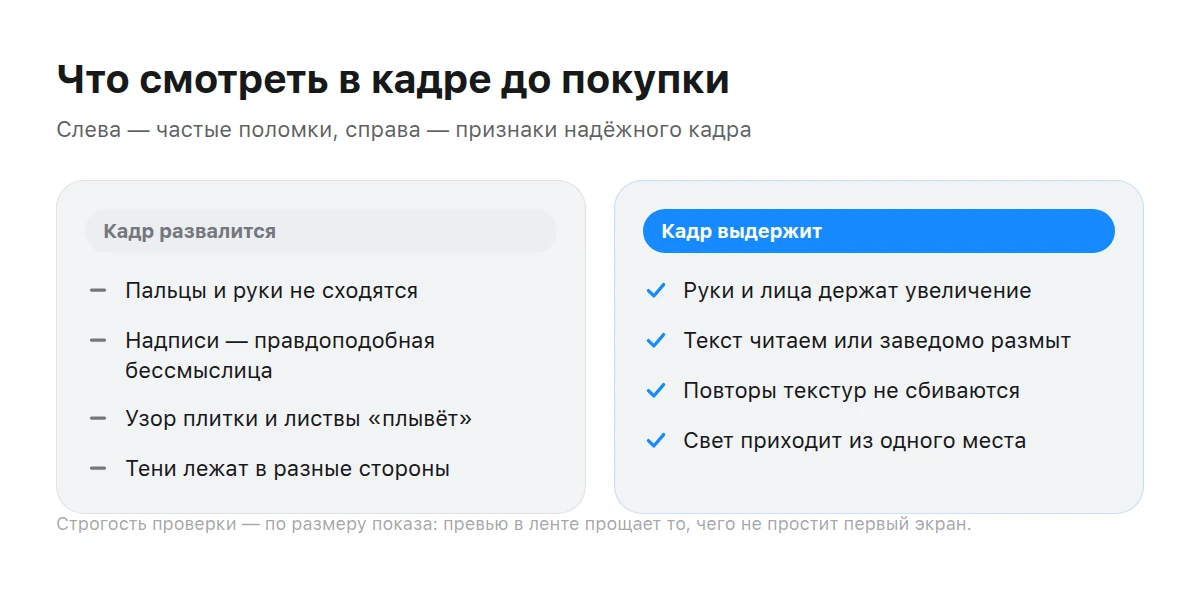 Два кадра рядом: слева перечислены слабые места, справа признаки надёжного кадра