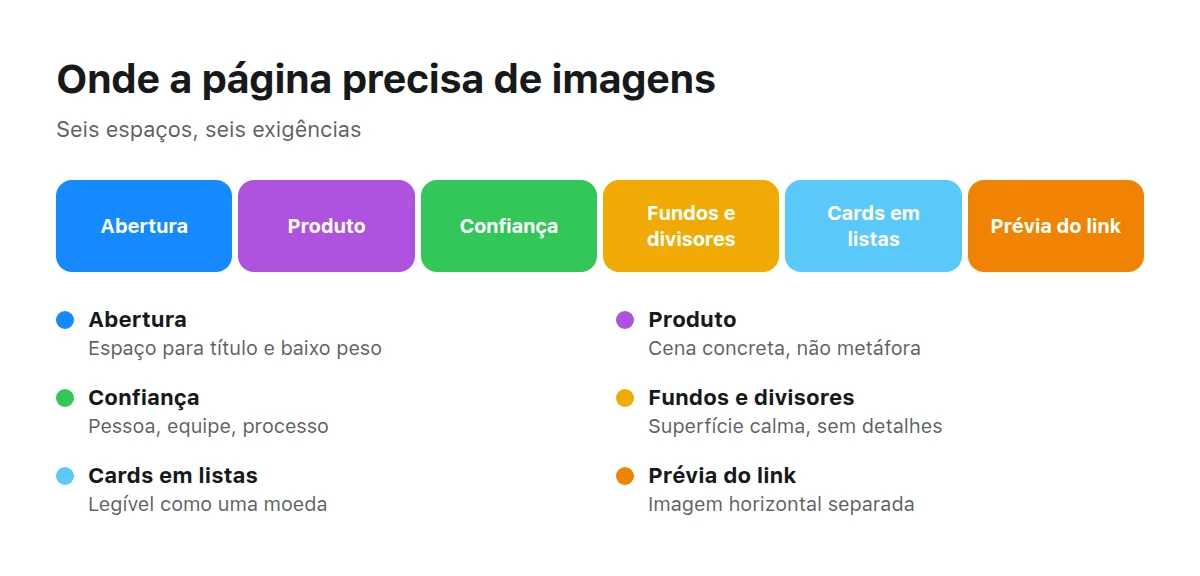 Esquema de uma página com seis espaços para imagens e a função de cada um