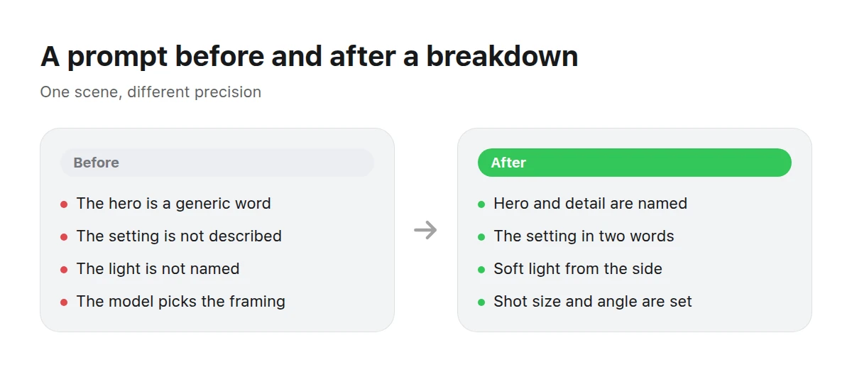 Two columns: a vague prompt on the left, the same prompt with details on the right