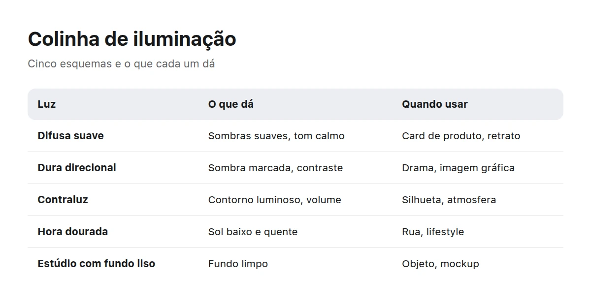 Uma tabela com cinco esquemas de luz: o que cada um dá e quando usar