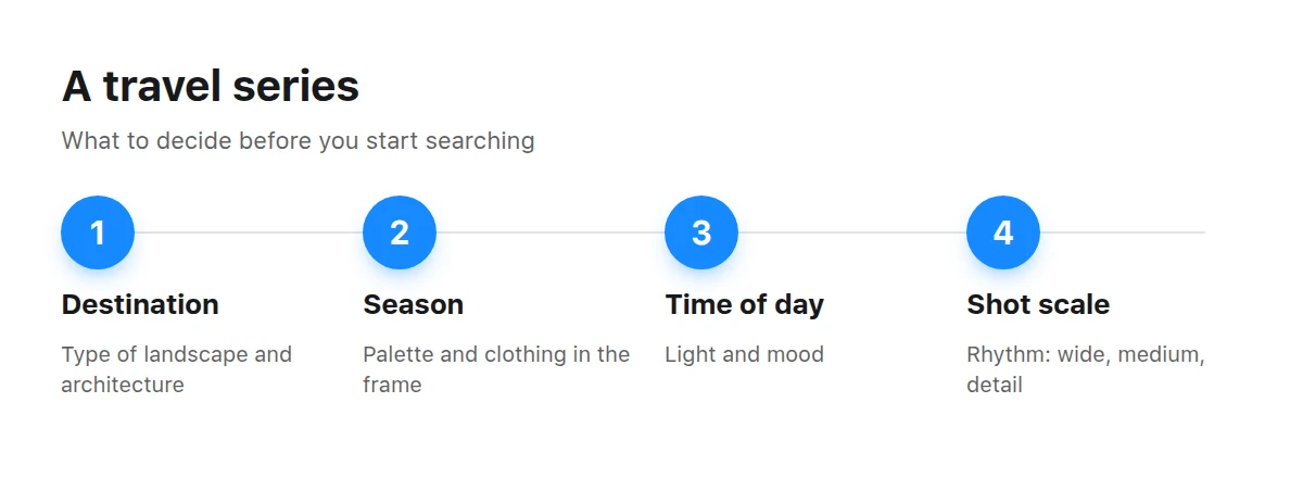 Four steps to build a travel series: destination, season, time of day and shot scale