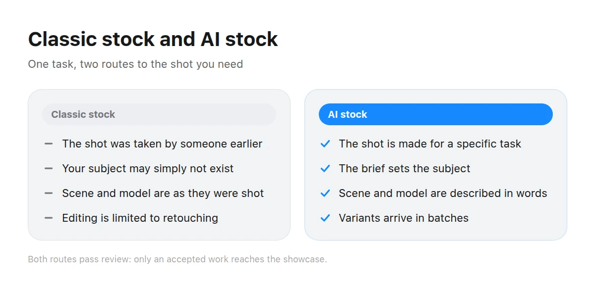Two columns comparing the properties of traditional stock photography and AI stock
