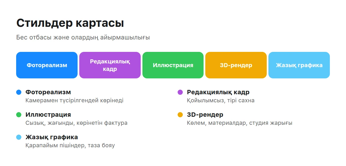 Бес стиль отбасынан тұратын жолақ және әрқайсысының түсіндірмесі