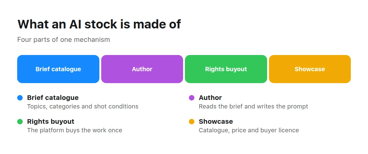 Four parts of an AI stock: assignment catalog, contributor prompt, rights purchase, and licensed storefront