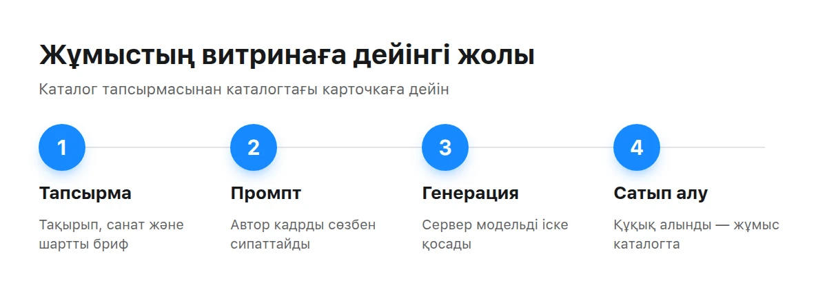Жұмыс жолы: бриф, жылдам, генерациялау, құқықтарды сатып алу және витрина бар тапсырма