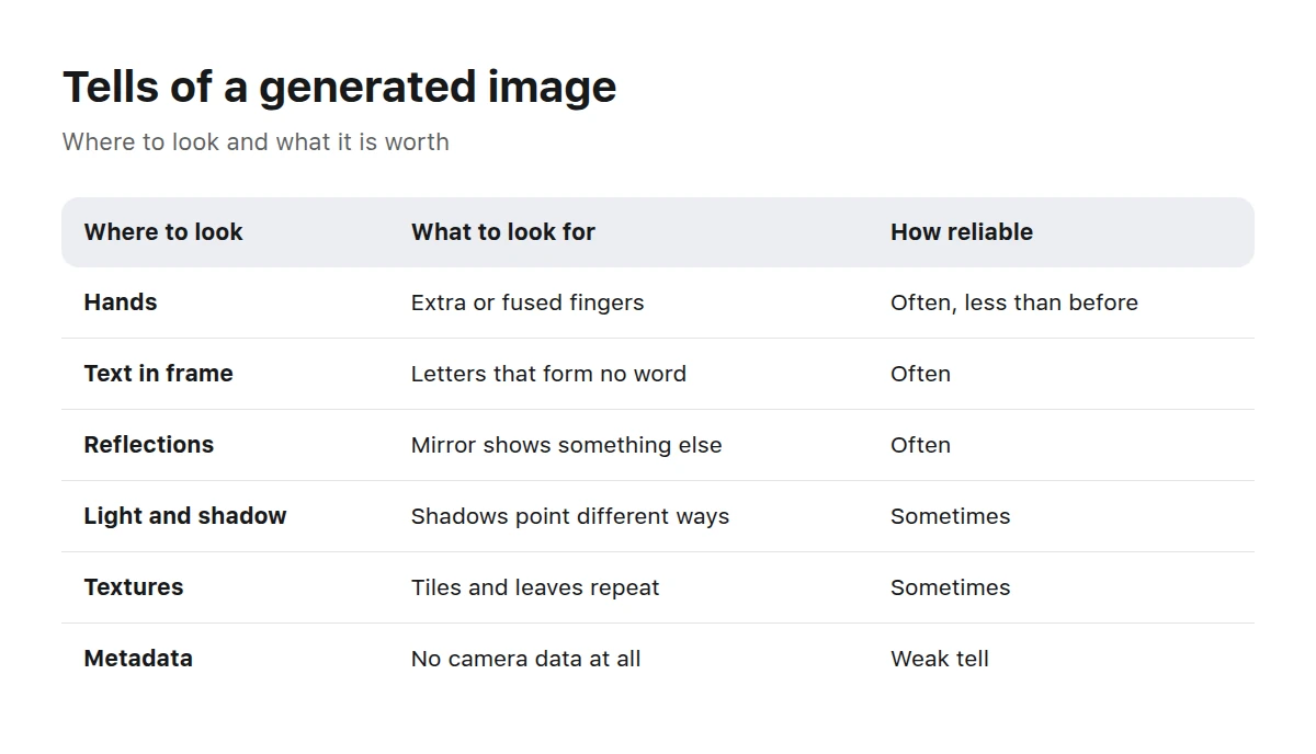 Table of AI-image signs to inspect in details, across the scene, and beyond the frame