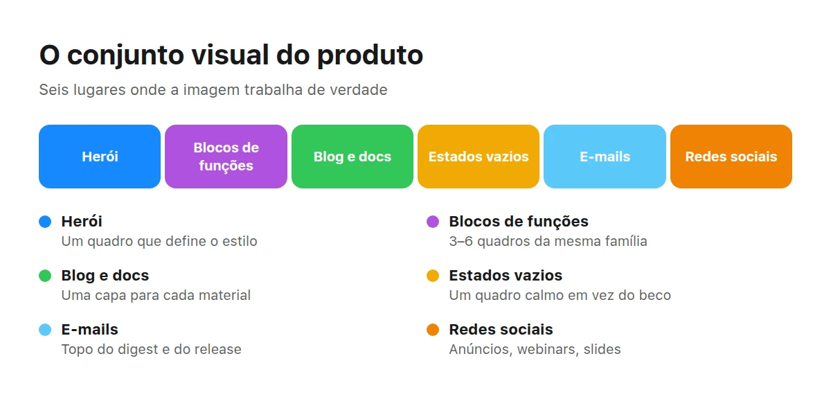 Uma barra com as seis partes do conjunto visual do produto e uma nota para cada