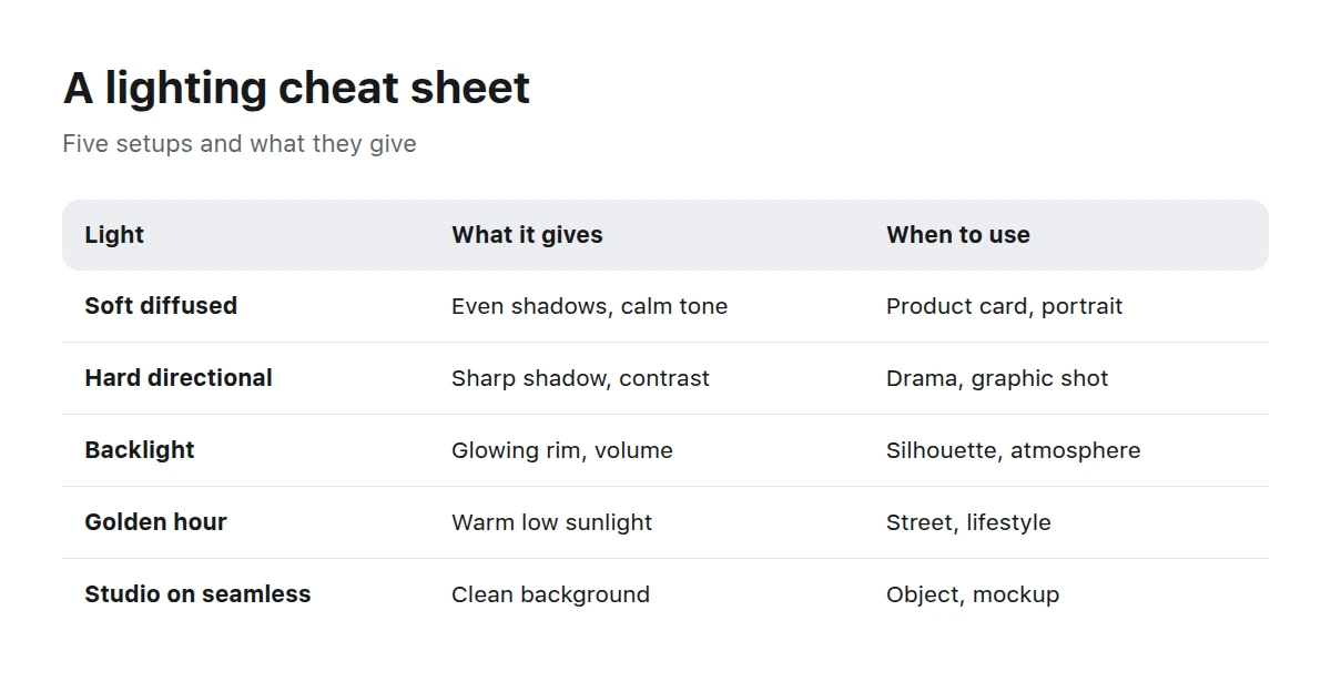 A table of five lighting setups: what each gives and when to use it