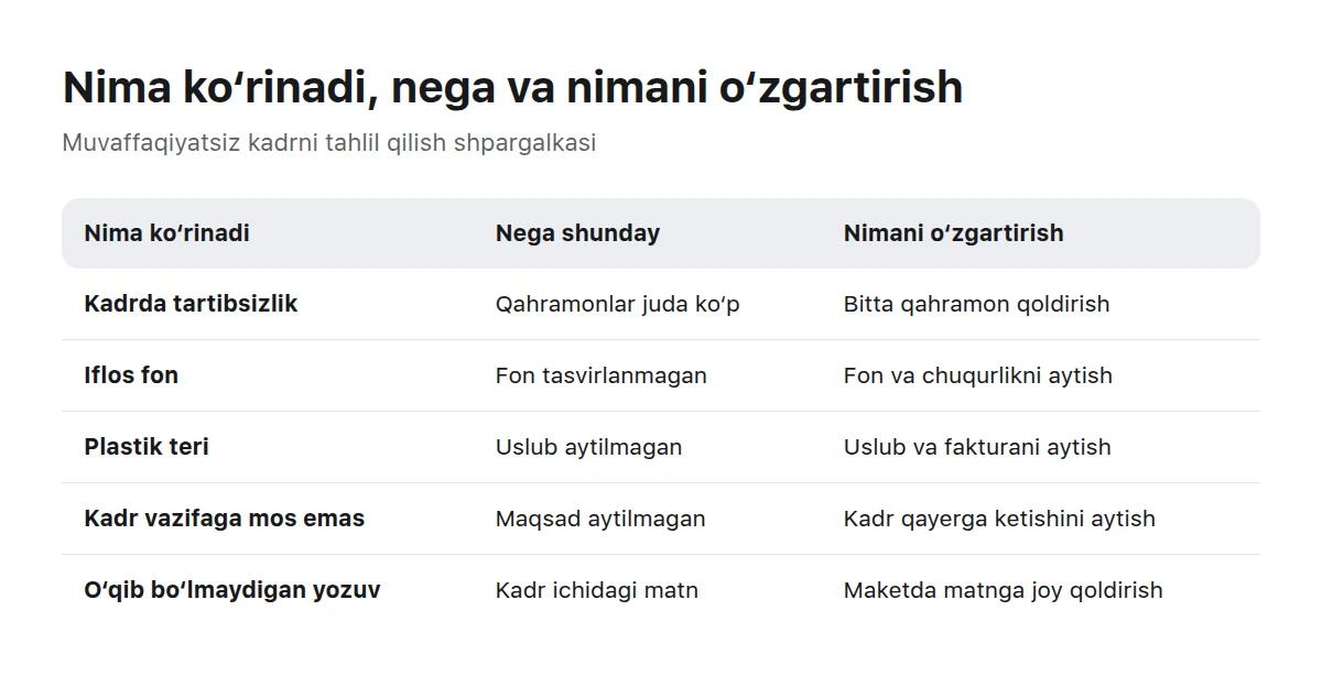 Jadval: kadrda nima ko‘rinadi, nega shunday bo‘ldi va promptda nimani o‘zgartirish kerak