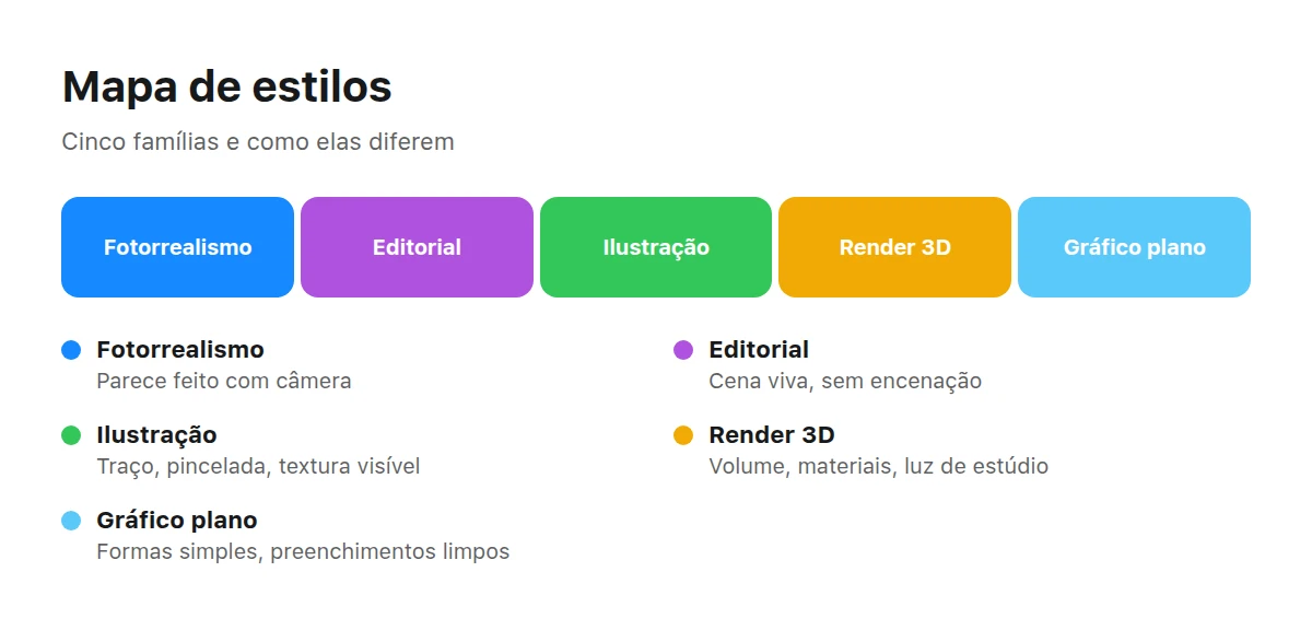 Uma barra com cinco famílias de estilo e a explicação de cada uma
