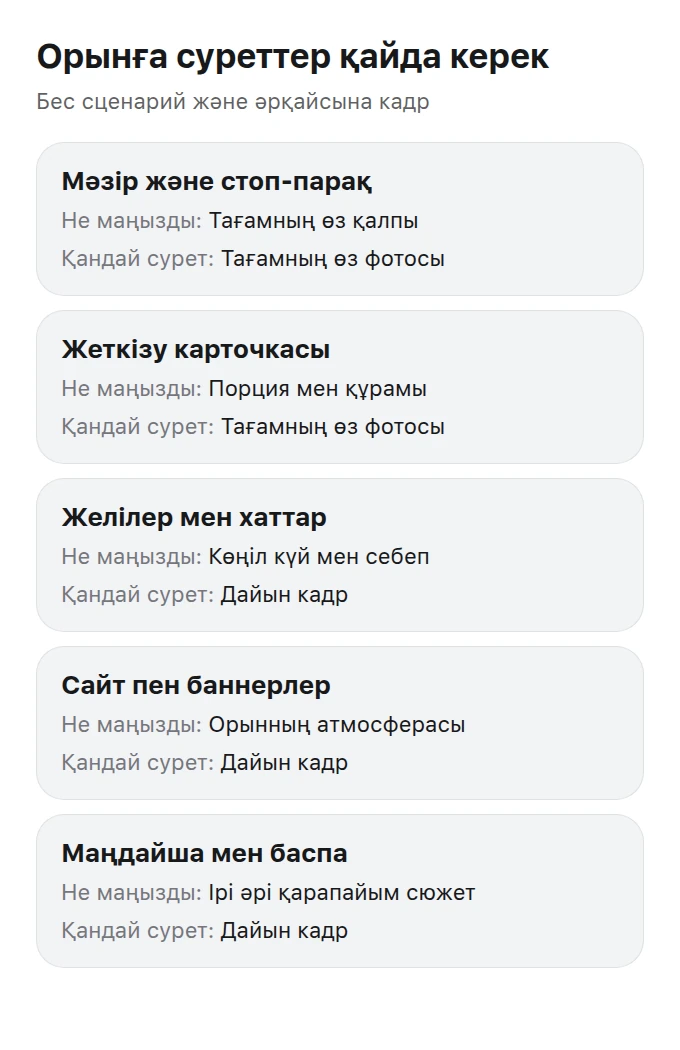Мекеме суреттерінің қайда көрсетілетінін және кадрға не қажет екенін түсіндіретін сценарийлер кестесі