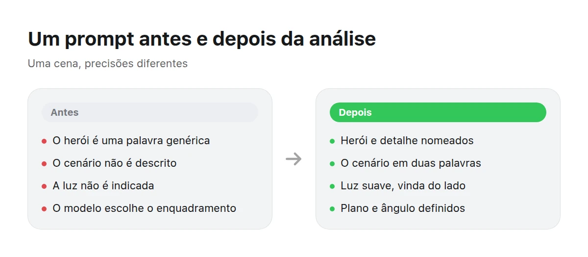 Duas colunas: à esquerda um prompt vago, à direita o mesmo prompt com detalhes