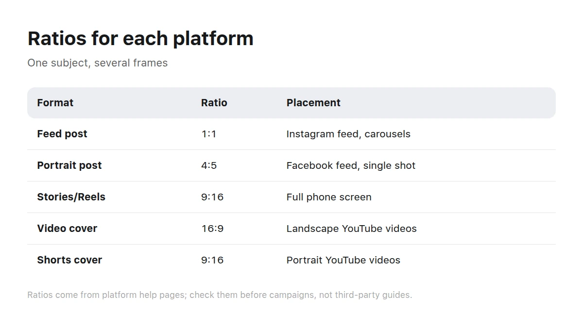 Platform specification table comparing ratios for feed posts, portrait formats, full screen, and previews