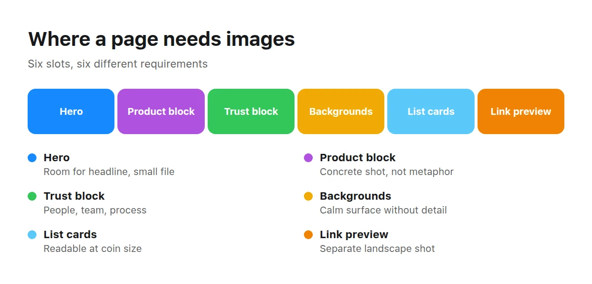 Page diagram showing six image placements with a distinct purpose and requirement for each one
