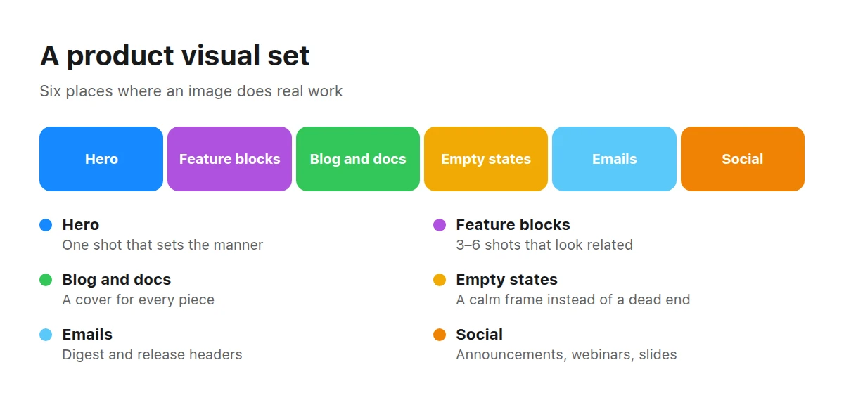 A bar of six parts of a product visual set with a note for each part