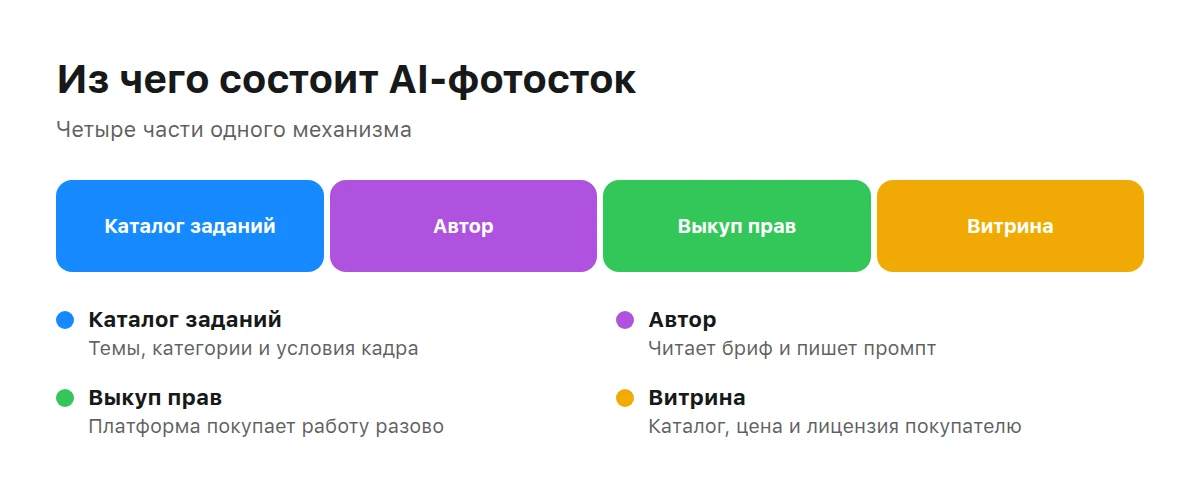 Четыре части AI-фотостока: каталог заданий, автор с промптом, выкуп работы и витрина с лицензией
