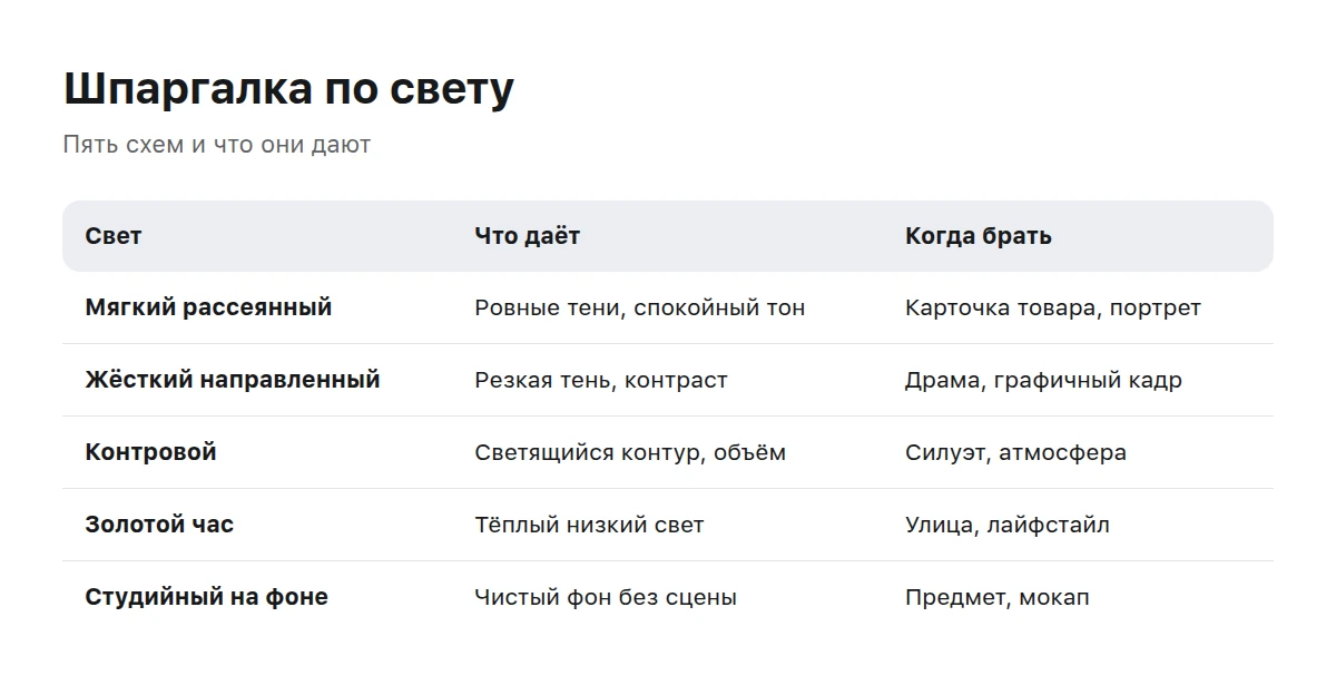 Таблица из пяти видов света: что даёт каждый и когда его брать