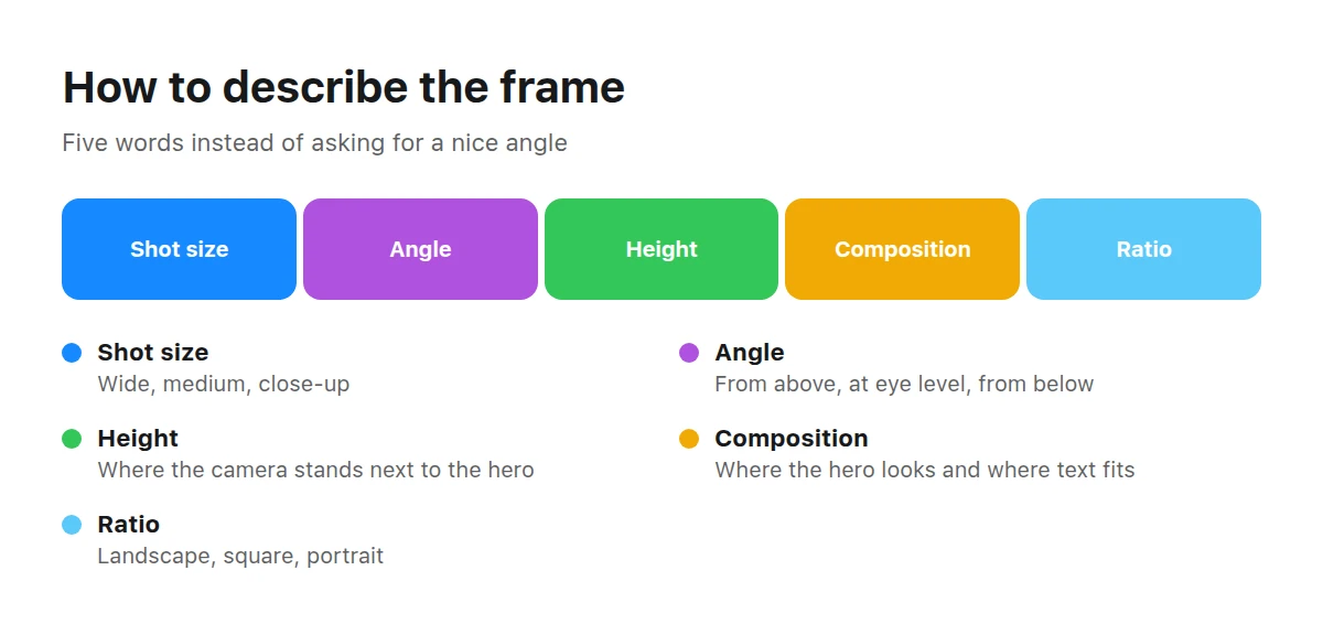 A bar of five framing parts: shot size, angle, height, composition, ratio