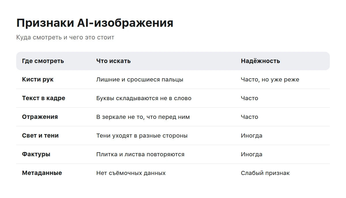 Таблица признаков: что смотреть в деталях, в сцене и за пределами кадра