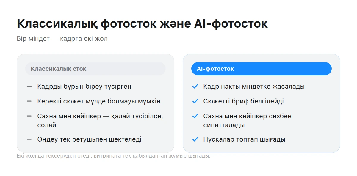 Екі баған: сол жақта классикалық фотостоктың қасиеттері, оң жақта AI-фотостокының қасиеттері.