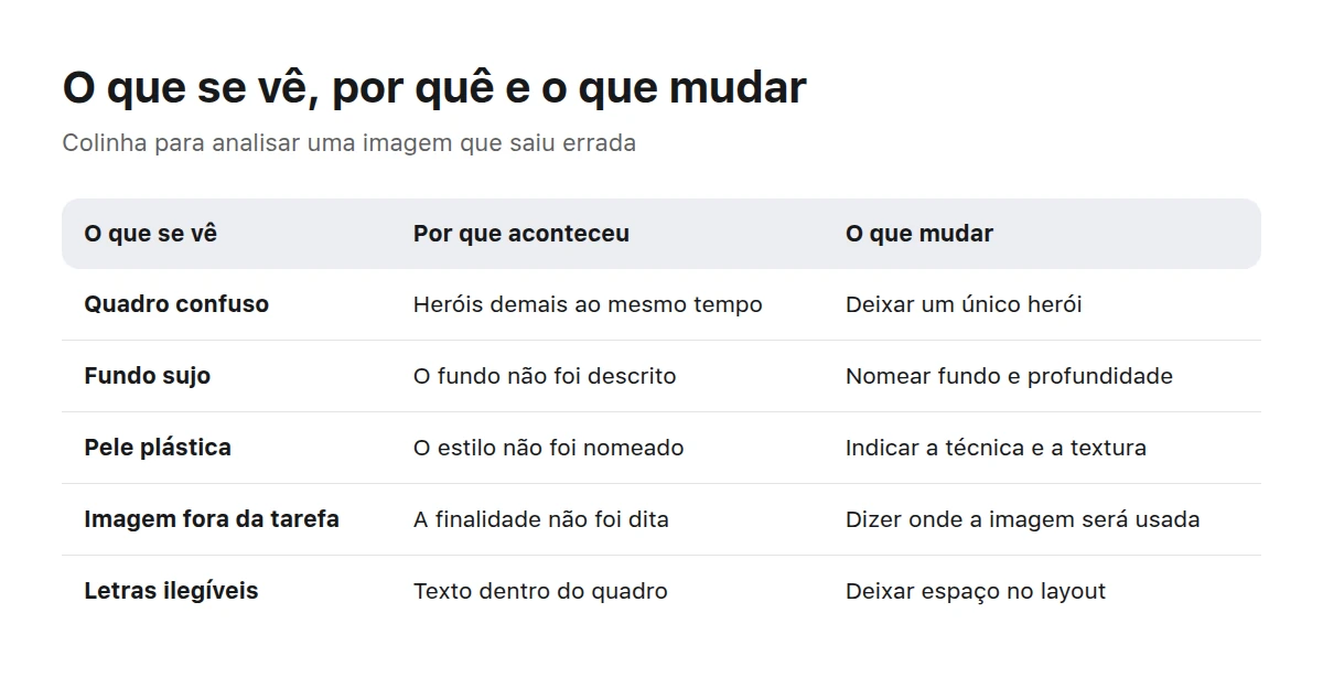 Uma tabela: o que se vê na imagem, por que aconteceu e o que mudar no prompt