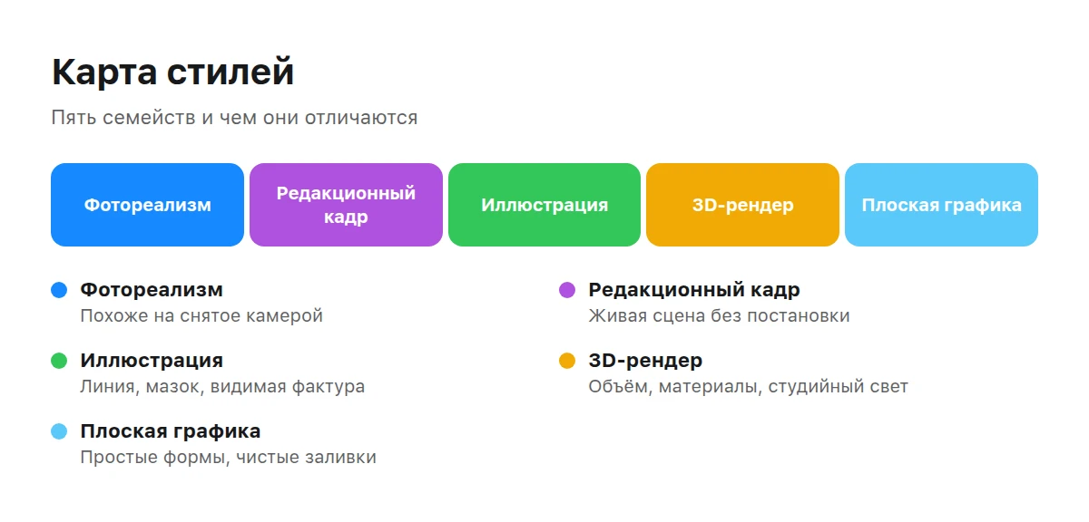 Полоса из пяти семейств стиля с пояснением каждого