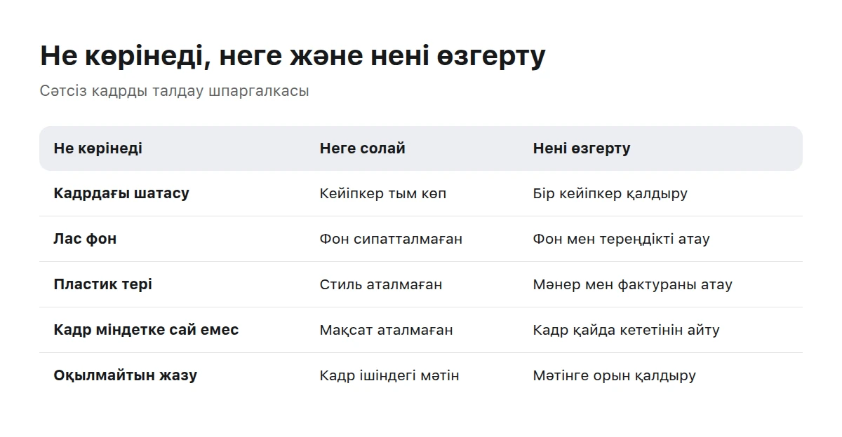 Кесте: кадрда не көрінеді, неге солай болды және сұрауда нені өзгерту керек
