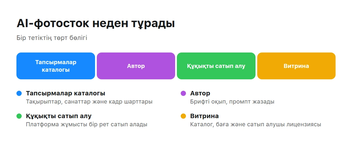 AI-фотостокнің төрт бөлігі: тапсырмалар каталогы, нұсқау бар автор, жұмысты сатып алу және лицензиясы бар витрина