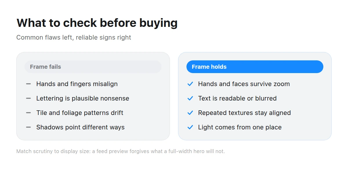 Two frames compare common flaws on the left with signs of a reliable generated image on the right