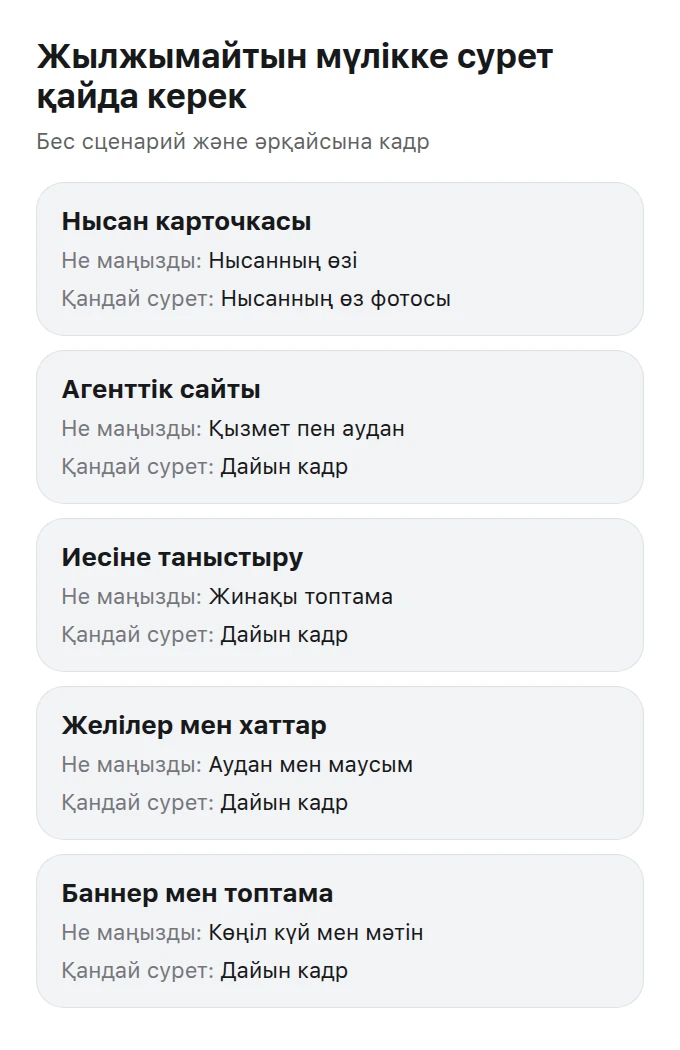 Жылжымайтын мүлік кескіндерінің орны мен негізгі мазмұны көрсетілген сценарийлер кестесі