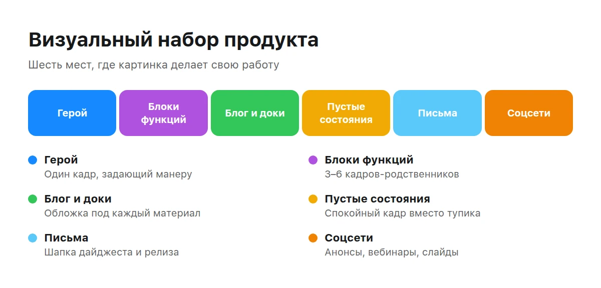 Полоса из шести частей визуального набора SaaS-продукта с пояснением каждой части
