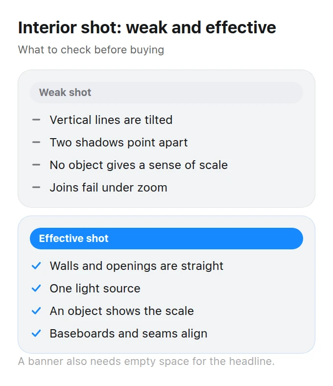 Two-column comparison of warning signs in weak interior images and features of usable ones