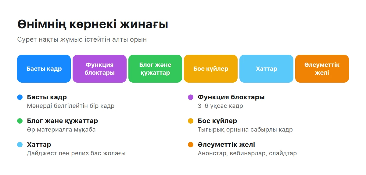 Өнімнің көрнекі жинағының алты бөлігінен тұратын жолақ және әр бөлікке түсінік