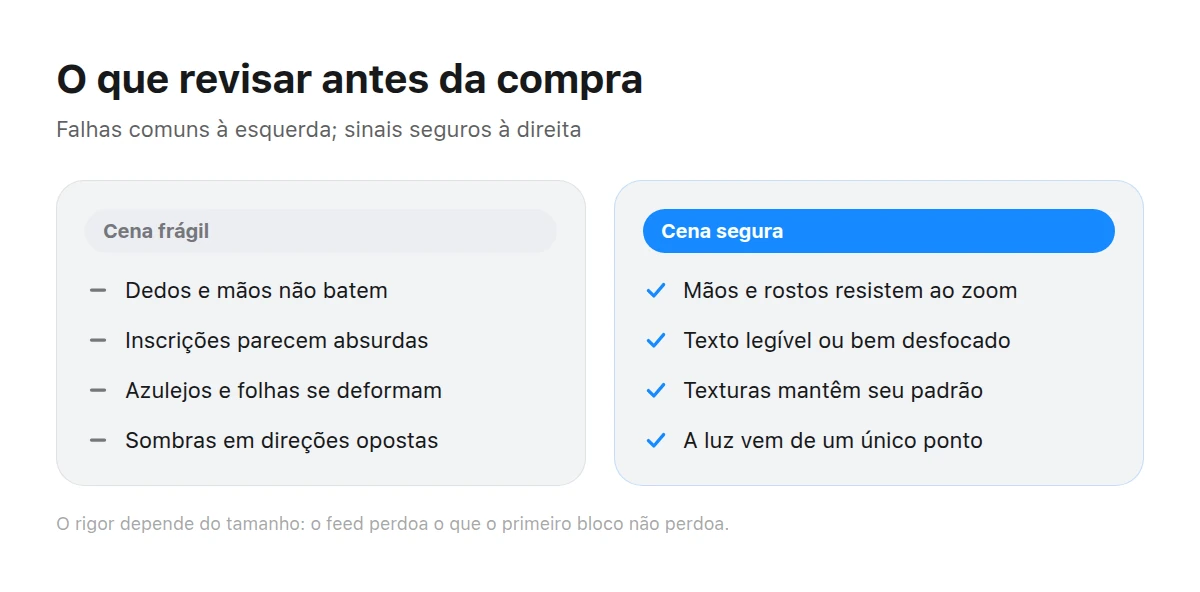 Duas cenas lado a lado mostram falhas comuns e sinais de uma imagem confiável