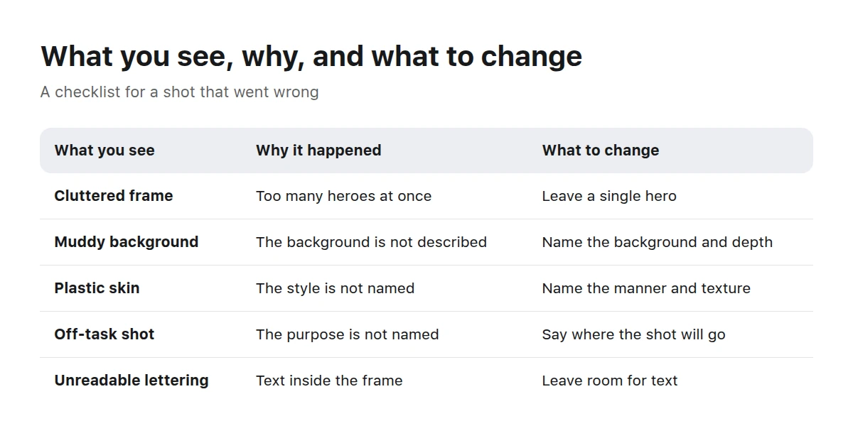 A table: what you see in the shot, why it happened and what to change in the prompt
